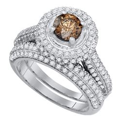 Womens Round Brown Diamond Halo Bridal Wedding Ring Band Set 2 Cttw 14kt White Gold - REF-131K5Y