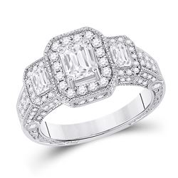 Emerald Diamond 3-stone Bridal Wedding Engagement Ring 2 Cttw 14kt White Gold - REF-315H9R