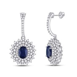 Womens Oval Blue Sapphire Diamond Dangle Earrings 3 Cttw 14kt White Gold - REF-131H5R
