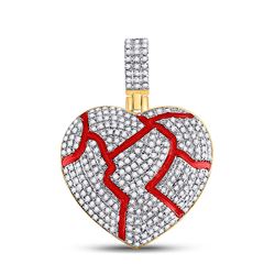 Mens Round Diamond Red Broken Heart Charm Pendant 3/4 Cttw 10kt Yellow Gold - REF-41H9R