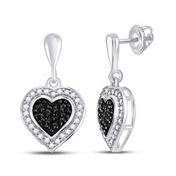 Womens Round Black Color Enhanced Diamond Heart Dangle Earrings 1/2 Cttw 10kt White Gold - REF-21N5F