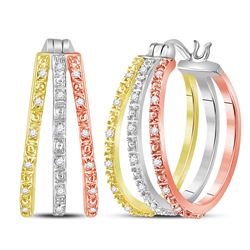 Womens Round Diamond Triple Hoop Earrings 1/5 Cttw 14kt Tri-Tone Gold - REF-35M5H