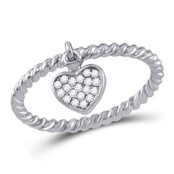 Womens Round Diamond Heart Dangle Stackable Band Ring 1/10 Cttw 10kt White Gold - REF-18K9Y