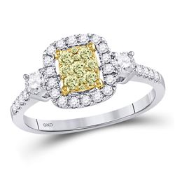 Womens Round Yellow Diamond Square Frame Cluster Ring 5/8 Cttw 14kt White Gold - REF-51X9A