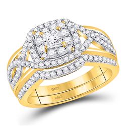 Princess Diamond Bridal Wedding Ring Band Set 7/8 Cttw 14kt Yellow Gold - REF-90M5H