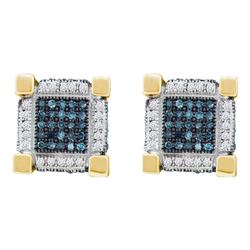 Mens Round Blue Color Enhanced Diamond 3D Cube Square Earrings 3/4 Cttw 10kt Yellow Gold - REF-36Y9N