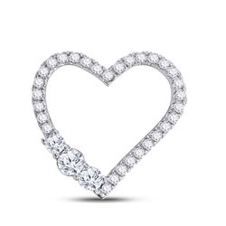 Womens Round Diamond 3-Stone Heart Pendant 1 Cttw 14kt White Gold - REF-84K5Y