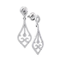 Womens Round Diamond Scroll Teardrop Dangle Earrings 1/3 Cttw 10kt White Gold - REF-19N5F