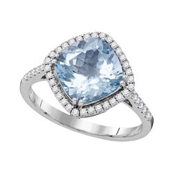 Womens Cushion Aquamarine Diagonal Solitaire Ring 3 Cttw 14kt White Gold - REF-87R5X