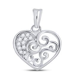 Womens Round Diamond Curl Heart Pendant 1/12 Cttw 10kt White Gold - REF-8W5K