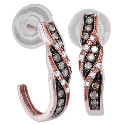 Womens Round Brown Diamond Half J Hoop Earrings 1/5 Cttw 10kt Rose Gold - REF-19Y5N