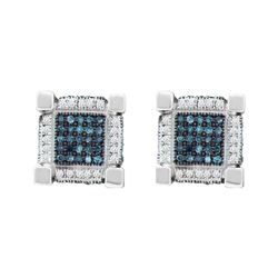 Mens Round Blue Color Enhanced Diamond 3D Cube Square Earrings 3/4 Cttw 10kt White Gold - REF-36F9W