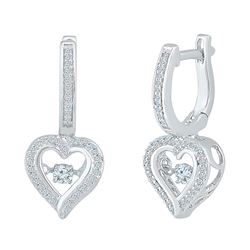 Womens Round Diamond Heart Dangle Hoop Earrings 1/4 Cttw 10kt White Gold - REF-27H9R