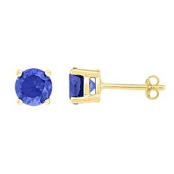 Womens Round Lab-Created Blue Sapphire Solitaire Earrings 2 Cttw 10kt Yellow Gold - REF-12F9W