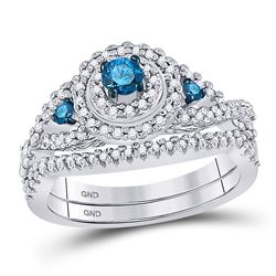 Womens Round Blue Color Enhanced Diamond Bridal Wedding Ring Set 5/8 Cttw 10kt White Gold - REF-49K5