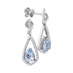 Womens Pear Natural Aquamarine Diamond Dangle Earrings 1/3 Cttw 14kt White Gold - REF-70A9M