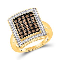 Womens Round Brown Diamond Rectangle Cluster Ring 1 Cttw 10kt Yellow Gold - REF-40X9A