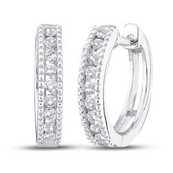 Womens Round Diamond Milgrain Hoop Earrings 1/4 Cttw 10kt White Gold - REF-19F5W