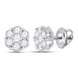 Womens Round Diamond Flower Cluster Earrings 1 Cttw 14kt White Gold - REF-65R5X