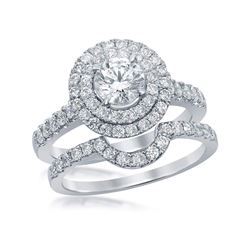 Round Diamond Double Halo Bridal Wedding Ring Band Set 1-3/4 Cttw 14k White Gold - REF-255W5K