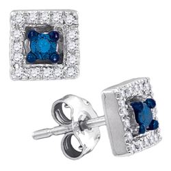 Womens Round Blue Color Enhanced Diamond Square Earrings 1/5 Cttw 10kt White Gold - REF-13X9A