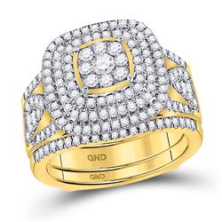 Round Diamond Cluster Bridal Wedding Ring Band Set 1-1/2 Cttw 14kt Yellow Gold - REF-148R9X