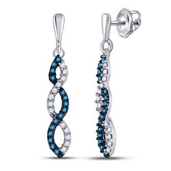 Womens Round Blue Color Enhanced Diamond Dangle Earrings 1/6 Cttw 10kt White Gold - REF-9N5F