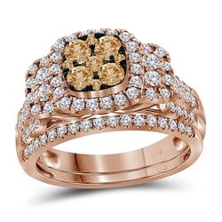 Womens Round Brown Diamond Cluster Bridal Wedding Ring Band Set 1 Cttw 14kt Rose Gold - REF-93M9H