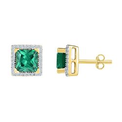 Womens Princess Lab-Created Emerald Solitaire Earrings 1-3/4 Cttw 10kt Yellow Gold - REF-17N5F