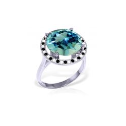 Genuine 8 ctw Blue Topaz, White & Black Diamond Ring 14KT White Gold - REF-93K3V