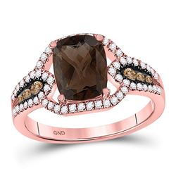 Womens Cushion Smoky Quartz Brown Diamond Solitaire Ring 2-1/3 Cttw 10kt Rose Gold - REF-43Y5N