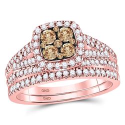 Womens Round Brown Diamond Bridal Wedding Ring Band Set 1 Cttw 14kt Rose Gold - REF-91N9F