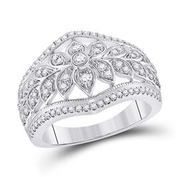 Womens Round Diamond Floral Fashion Ring 1/2 Cttw 14kt White Gold - REF-60K9Y
