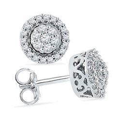 Womens Round Diamond Flower Cluster Earrings 1/4 Cttw 10kt White Gold - REF-18A5M