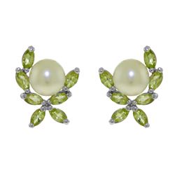 Genuine 3.25 ctw Pearl & Peridot Earrings 14KT White Gold - REF-30R2P