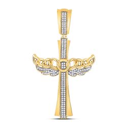 Mens Round Diamond Angel Wing Cuban Link Cross Charm Pendant 3/8 Cttw 10kt Yellow Gold - REF-38X9A