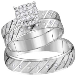 His Hers Round Diamond Cluster Matching Wedding Set 1/3 Cttw 14kt White Gold - REF-60X5A