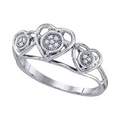 Womens Round Diamond Triple Heart Cluster Ring .03 Cttw 10kt White Gold - REF-7M9H