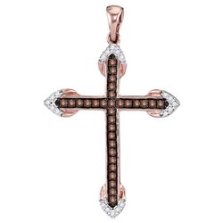 Womens Round Brown Diamond Cross Pendant 1/4 Cttw 14kt Rose Gold - REF-16R9X