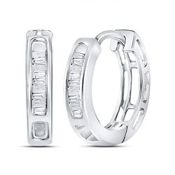 Womens Baguette Diamond Huggie Hoop Earrings 1/6 Cttw 14kt White Gold - REF-12F9W