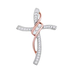 Womens Round Diamond Rose-tone Cross Ribbon Pendant 1/5 Cttw 10kt White Gold - REF-10W5K