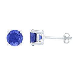 Womens Round Lab-Created Blue Sapphire Solitaire Earrings 2 Cttw 10kt White Gold - REF-12N9F