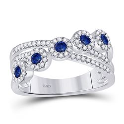 Womens Round Blue Sapphire Crossover Band Ring 1/2 Cttw 14kt White Gold - REF-38M9H