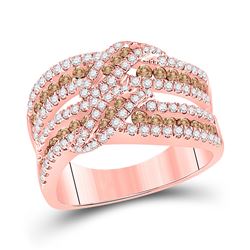 Womens Round Brown Diamond Crossover Band Ring 1-1/3 Cttw 14kt Rose Gold - REF-82H9R