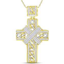Mens Round Diamond Bound Cuban Link Cross Charm Pendant 3-3/8 Cttw 10kt Yellow Gold - REF-186N5F