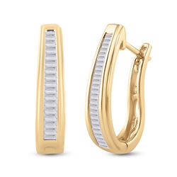 Womens Baguette Diamond Hoop Earrings 1/2 Cttw 10kt Yellow Gold - REF-30Y5N