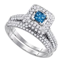 Princess Blue Color Enhanced Diamond Bridal Wedding Ring Set 1-1/4 Cttw 14kt White Gold - REF-74R9X