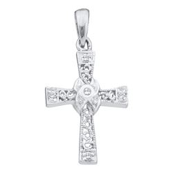 Womens Round Diamond Small Cross Pendant 1/20 Cttw 10kt White Gold - REF-5H9R