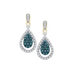 Womens Round Blue Color Enhanced Diamond Teardrop Dangle Earrings 5/8 Cttw 10kt Yellow Gold - REF-38