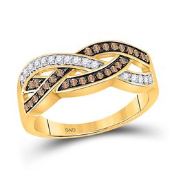 Womens Round Brown Diamond Crossover Band Ring 1/3 Cttw 10kt Yellow Gold - REF-23W5K